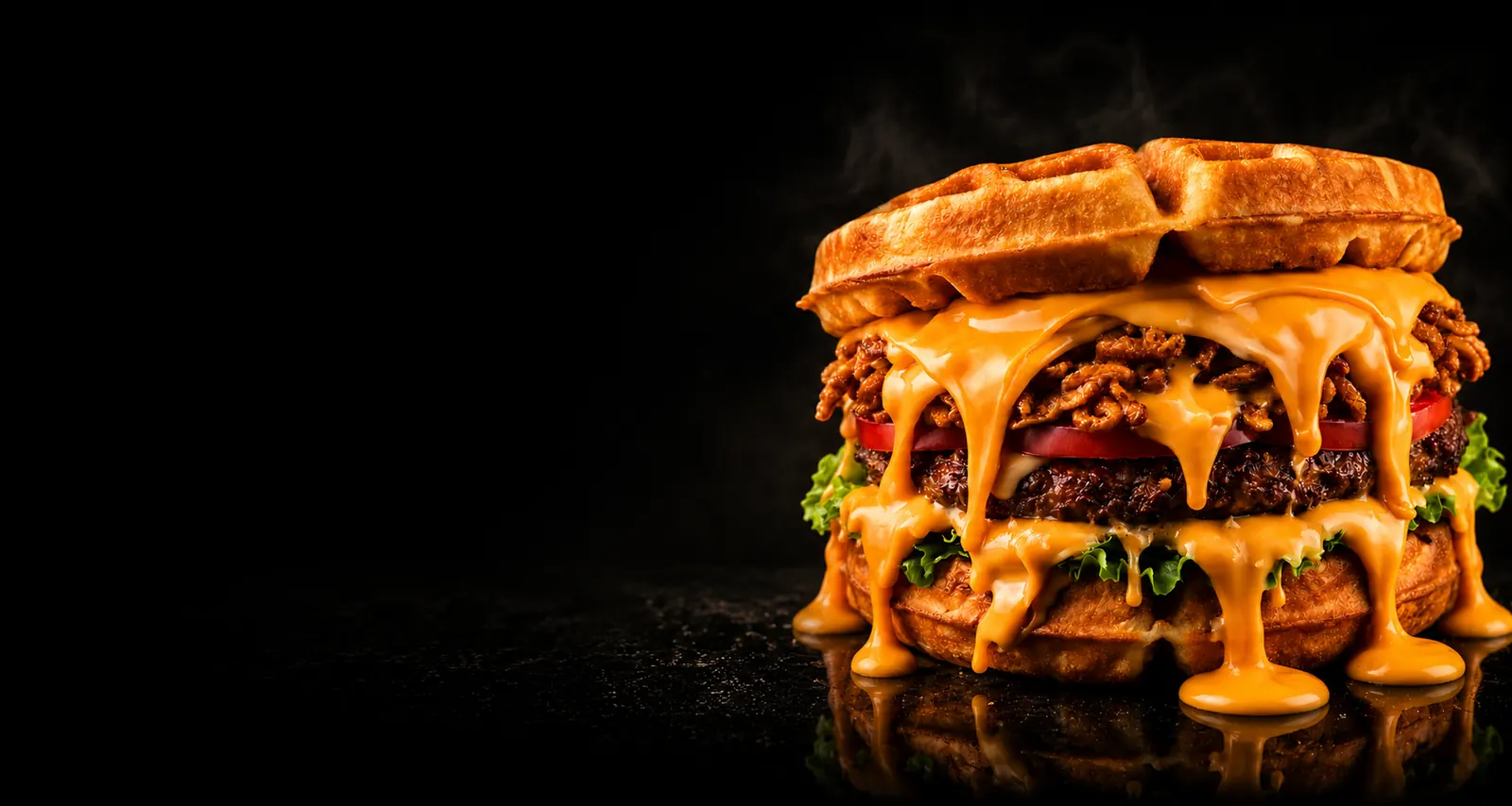Waffle burger signature avec cheddar fondu, steak et poulet croustillant